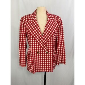 Mark Eisen Red White Gingham Double Breasted Blazer Jacket Womens sz 12, 42 bust